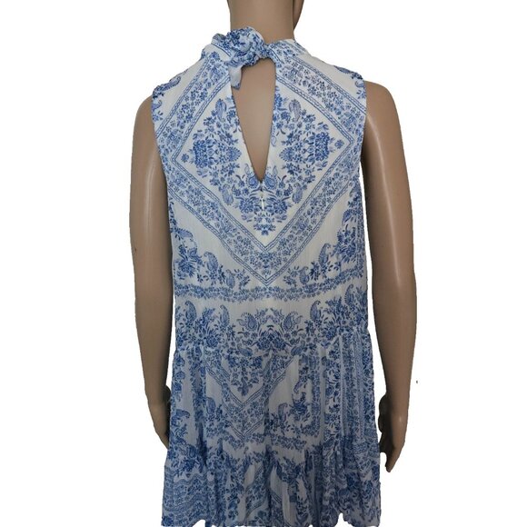 Calvin Klein Blue White Paisley Print Tiered Tie Mock Neck Shift Dress Size 8 - Picture 4 of 6
